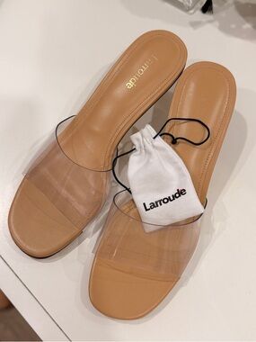 Larroude Clear and Tan Leather Slide Mules